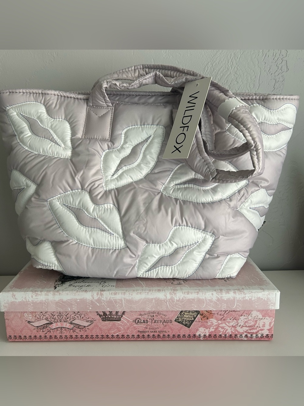 Wildfox Light Pink Quilted Lip Appliqué Tote with White Lips